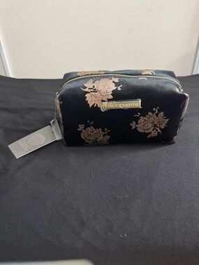 Vince Camuto Velvet Cosmetic Bag Black Floral Makeup Pouch Designer Travel NWT